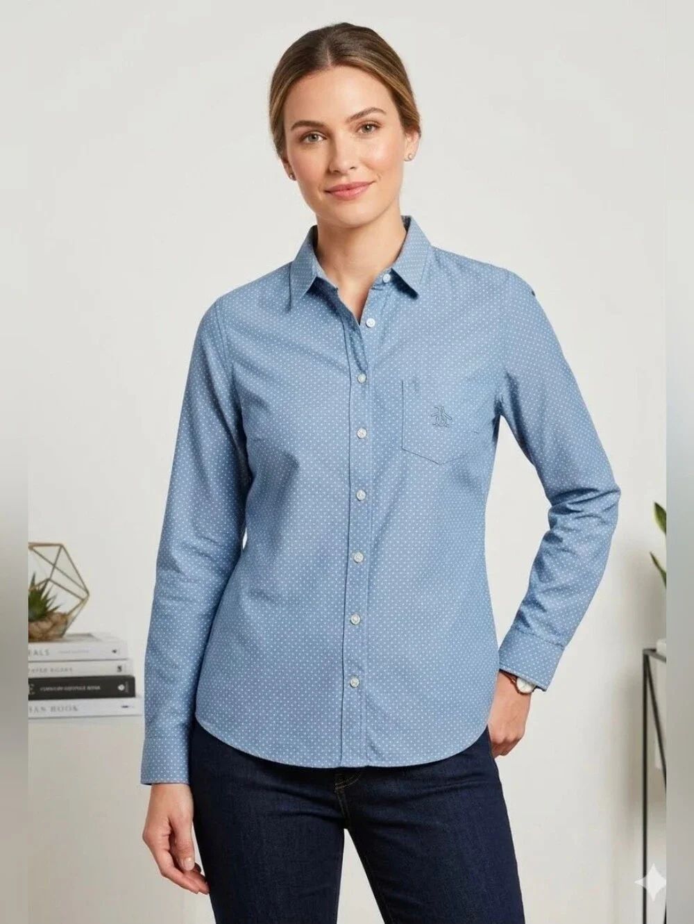 Weatherproof Vintage M Women Long Sleeve BlueWhite Polka Dot Button Down Shirt
